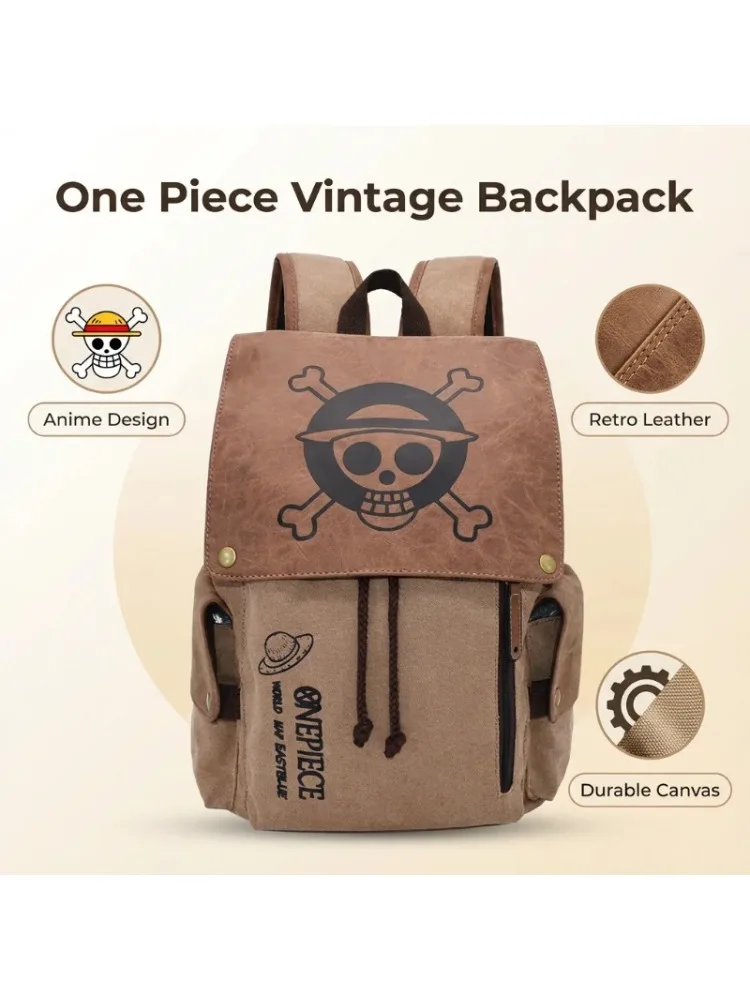 One Piece Anime Rucksack, Vintage-Schultasche aus Segeltuch, Strohhut-Piraten-Totenkopf-Druck, Reise-Tagesrucksack für Männer und Frauen