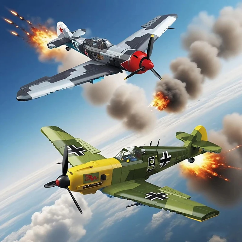 WWII Sowjet-Deutscher Propeller Kampfflugzeug Bausteine Set BF109-4 & Yak-1B & La-7 Flugzeugmodelle Ziegel Kinderspielzeug Geschenke