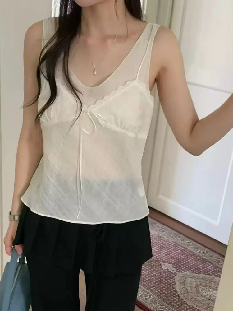 Women's Lace Trim  Knot Strap Vest Thin Cardigan Sweet Texture Folded Spring Fashion Set Two-Piece Suit Casual Wear
