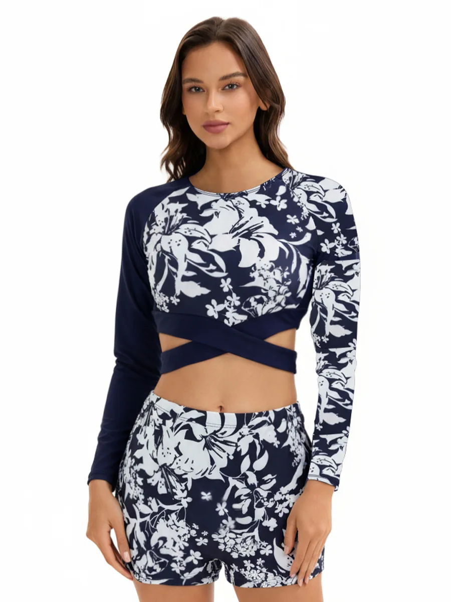 European and American Sexy Long-Sleeve Two-Piece Swimsuit for Women, Printed, Conservative, Sun-Protective Surf Suit, High-Waist