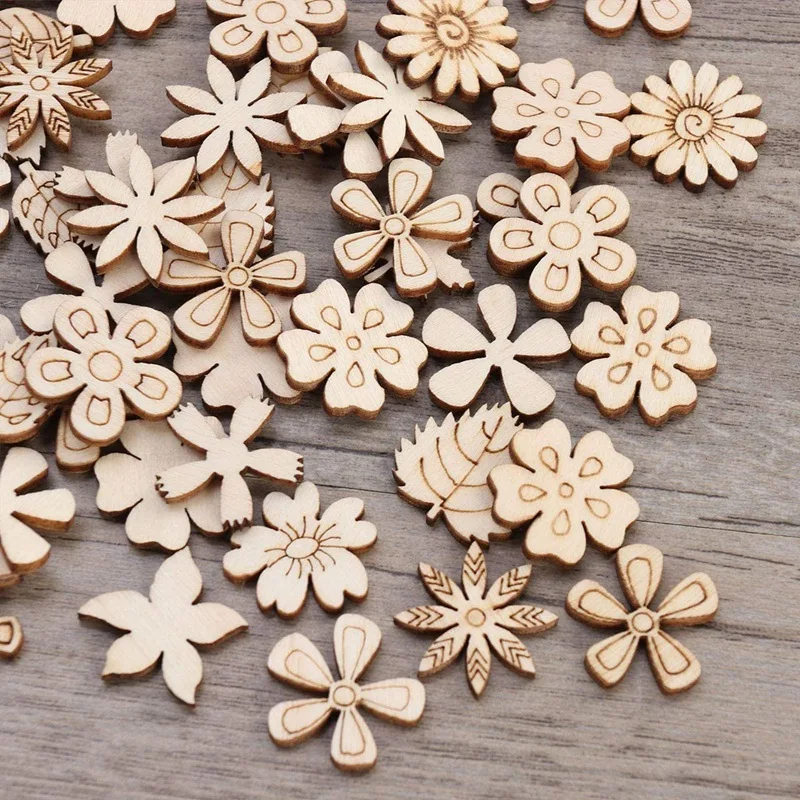 100Pcs Wood Discs Slices Flower Shape Unfinished Wooden Cutouts Craft DIY Decoration