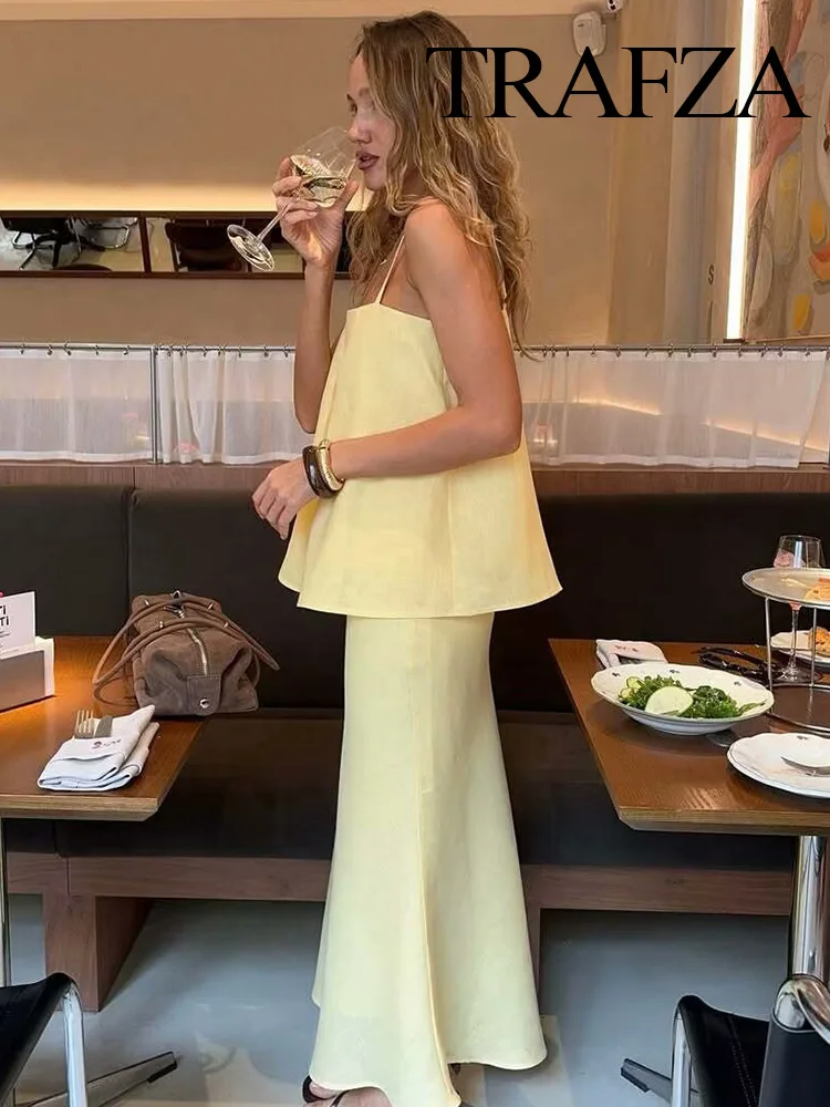 

TRAFZA Women Pleated Small Sling Strap Sleeveless Short Top+Summer New Elegant Back Zipper Fishtail Hip Solid Midi Skirt Suit