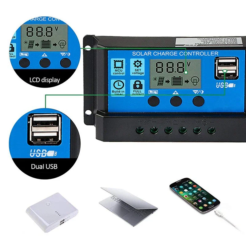 Solar Charge Controller 10A 30A 12V24V Auto Battery Charge Regulator PWM Controller LCD Dual USB For Solar Panel PV Home Systems