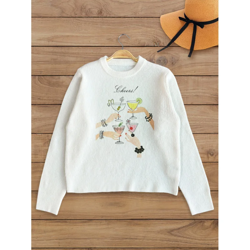 

Cocktail Glass Print Pattern Women's Knit Pullover Thick, Oversized Crew Neck Long Sleeve Fall/Winter Fashion Style