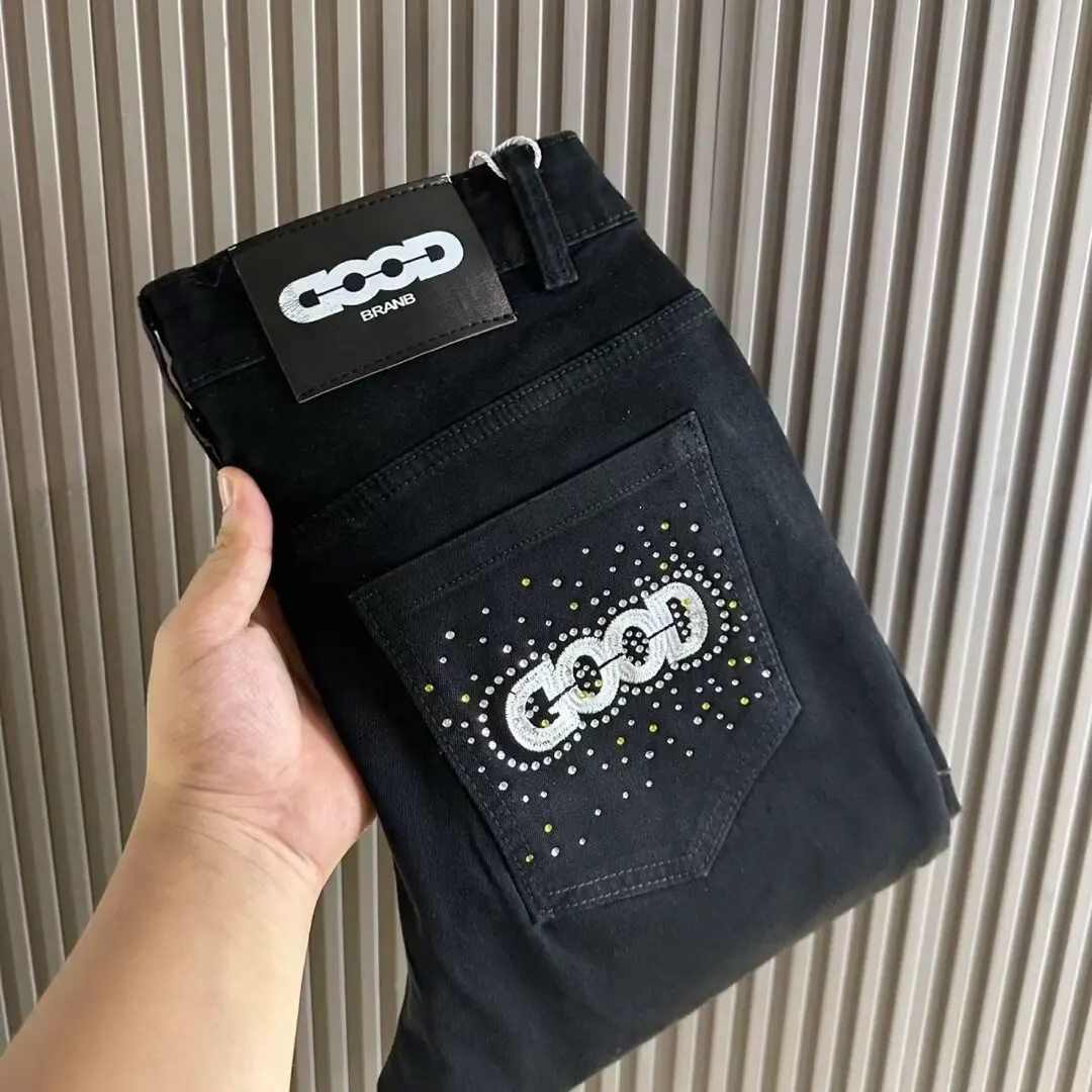 

Черные джинсы с вышивкой, облегающие, мужские, универсальные, прямого кроя, длиной до щиколотки, популярный стиль, повседневные прямые джинсы с эффектом похудения