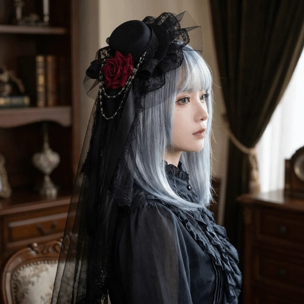 Lace Gothic Lace Veil Rose Decoration Chain Detail Mini Top Chiffon Rose Hat Elegant Style Victorian Retro Small Top Hat
