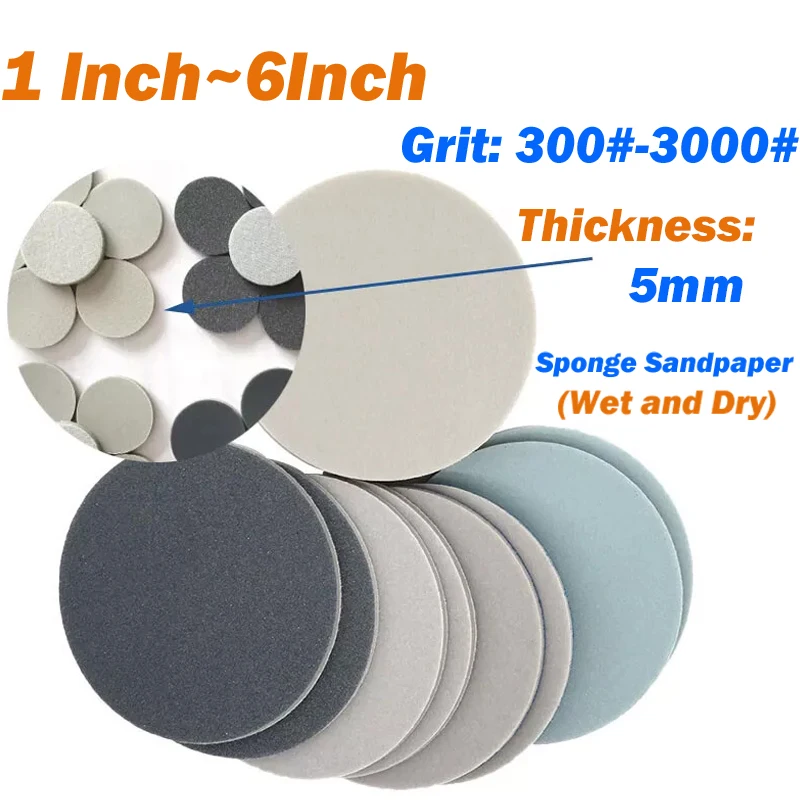 

1" - 6" Sponge Sanding Discs 300 400 500 600 800 1000 1200 1500 1800~3000 Grit Hook & Loop Wet and Dry Sandpaper Hook and Loop