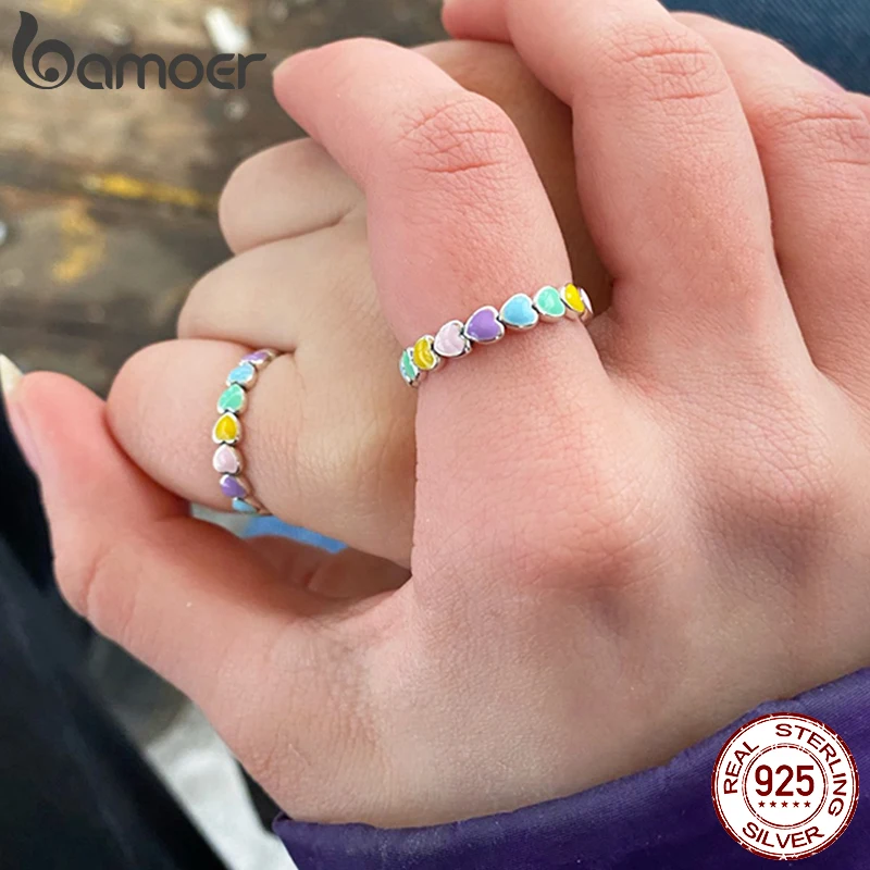 BAMOER 925 Sterling Silver Cute Rainbow Heart Finger Ring for Women Stackable Silver Ring with Mini Hearts Trendy Jewelry SCR444