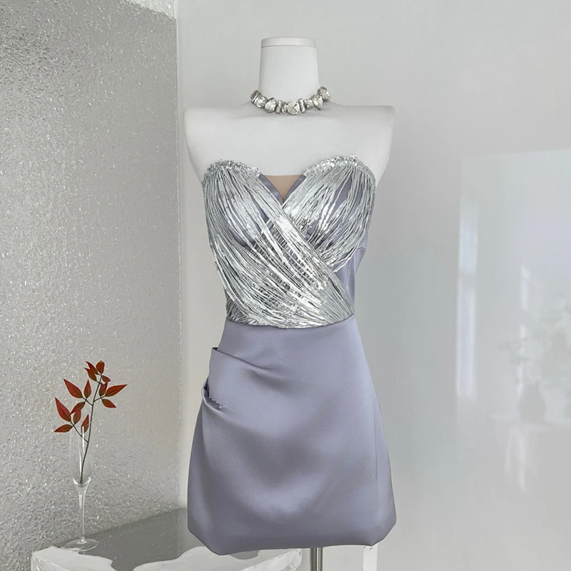 

Sliver Sequins Bodycon Dress Evening Party Strapless Short Dress Female 2026 New Summer Sleeveless Zip-up Dress with Chest Pad
