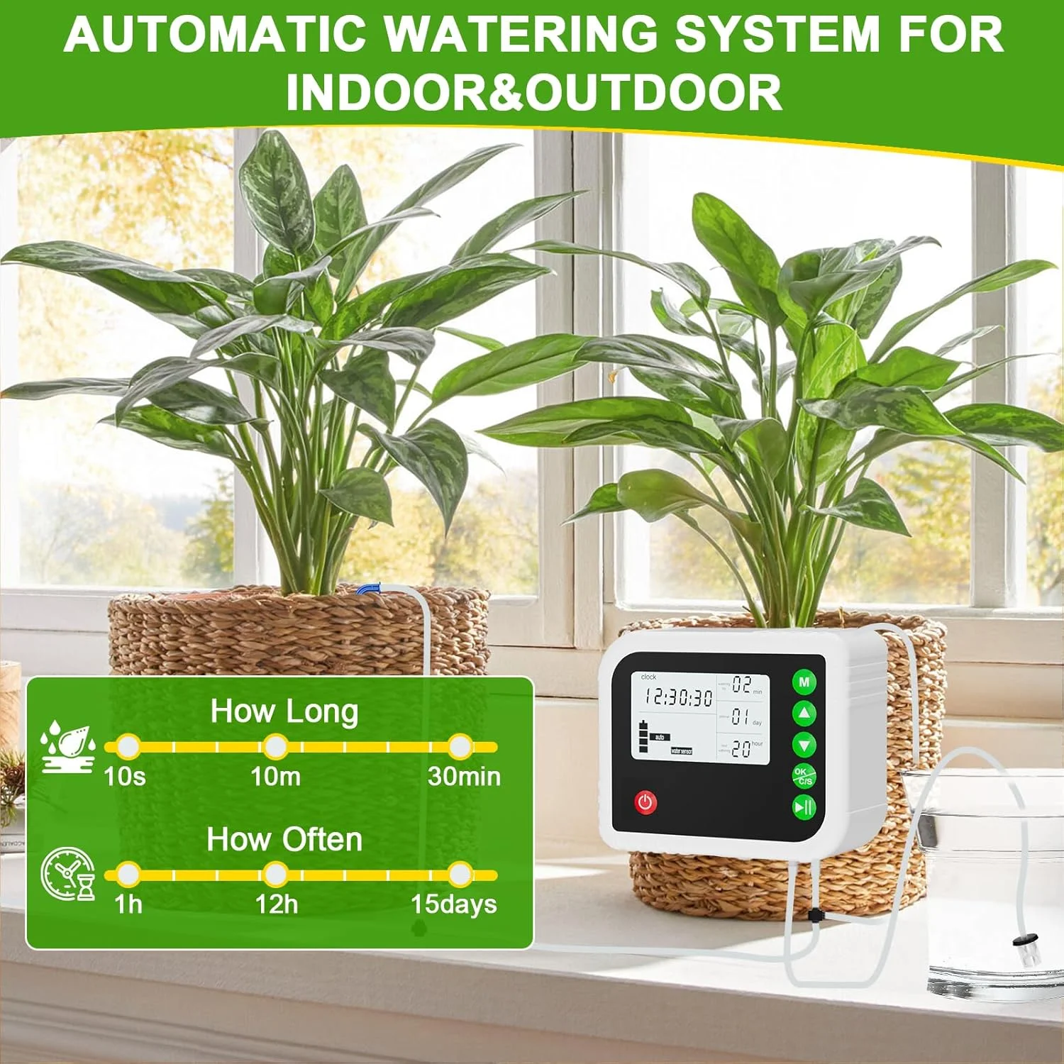 Indoor Auto Drip Irrigation Kit Programmable LED Display LED Display Rechargeable Self-Watering Device for 15 Potted Watering