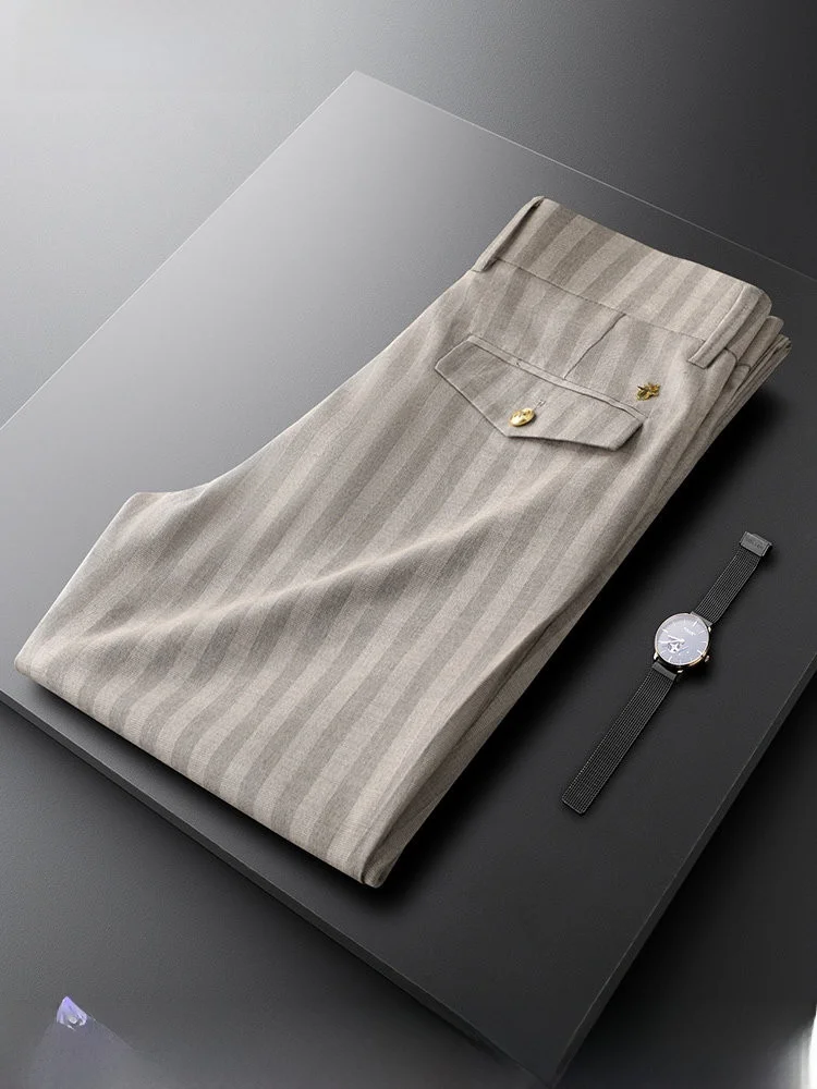 

Slim Fit Casual Pants Men's Busin Faion Small Straight Tube West Pants Khaki Stripe Thin Elastic Men's Casual Trousers