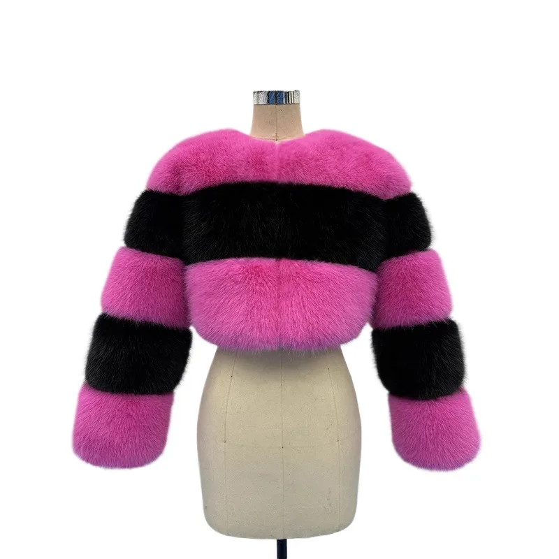 معطف علوي قصير رائع من الفرو الصناعي على الموضة الأوروبية الأمريكية، لون أحمر وأسود، مخطط منفوش وناعم وناعم للحفلات