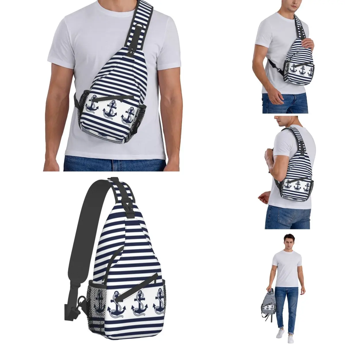 Náutico Stripes Âncora Pequeno Sling Sacos Peito Crossbody Ombro Sling Mochila Outdoor Caminhadas Daypacks Leme Vela Marinha