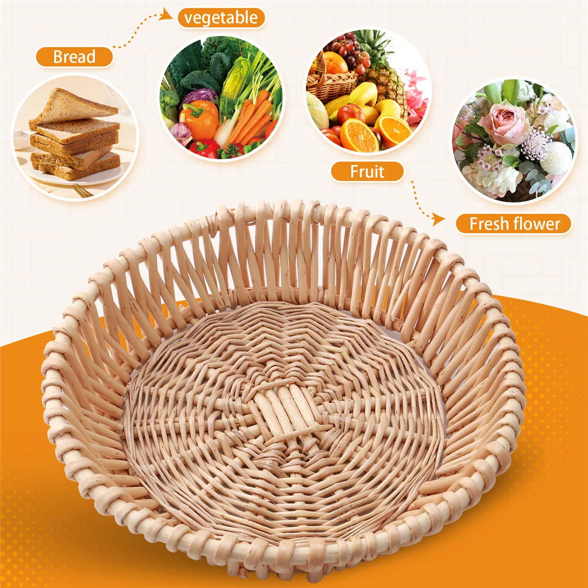 Cesta tejida a mano, cesta de mimbre, cesta para servir alimentos para pan, fruta, almacenamiento de verduras, 25x8cm