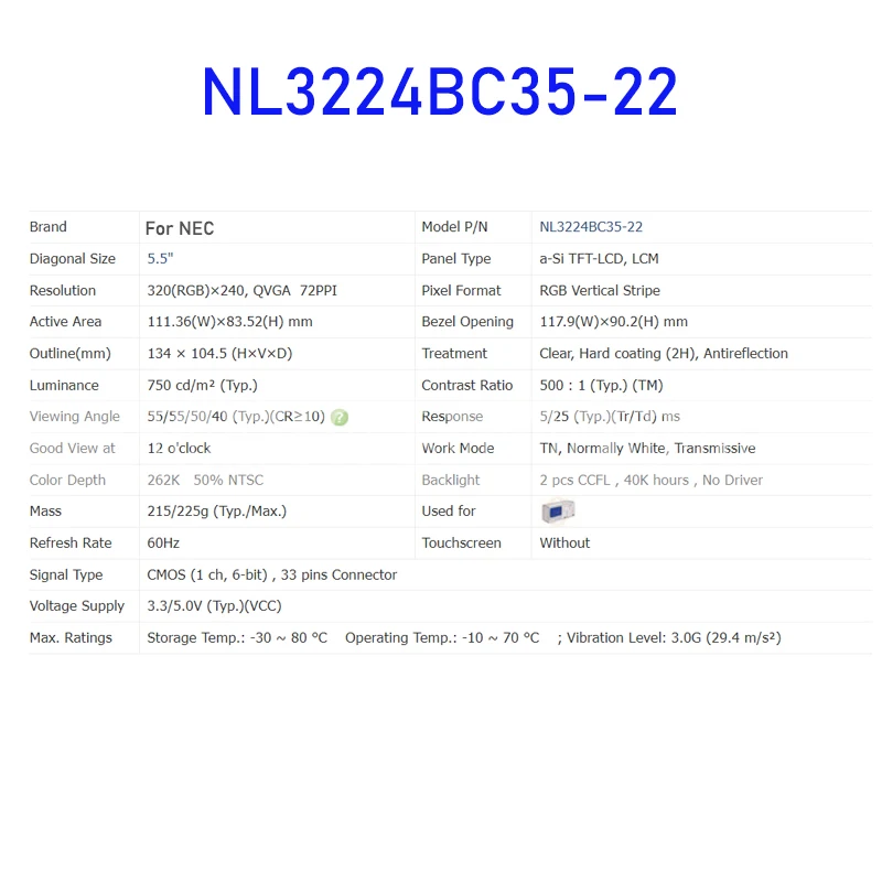 Imagem -05 - Painel de Tela de Exibição Lcd para Nec Nl3224bc3522 320x240 Original 33 Pinos Conector Novo Totalmente Testado 5.5