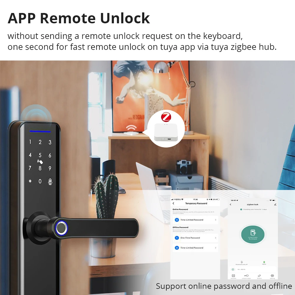 Zemismart-cerradura de puerta inteligente Tuya Zigbee, dispositivo con huella dactilar, llave de tarjeta IC, contraseña, aplicación de desbloqueo