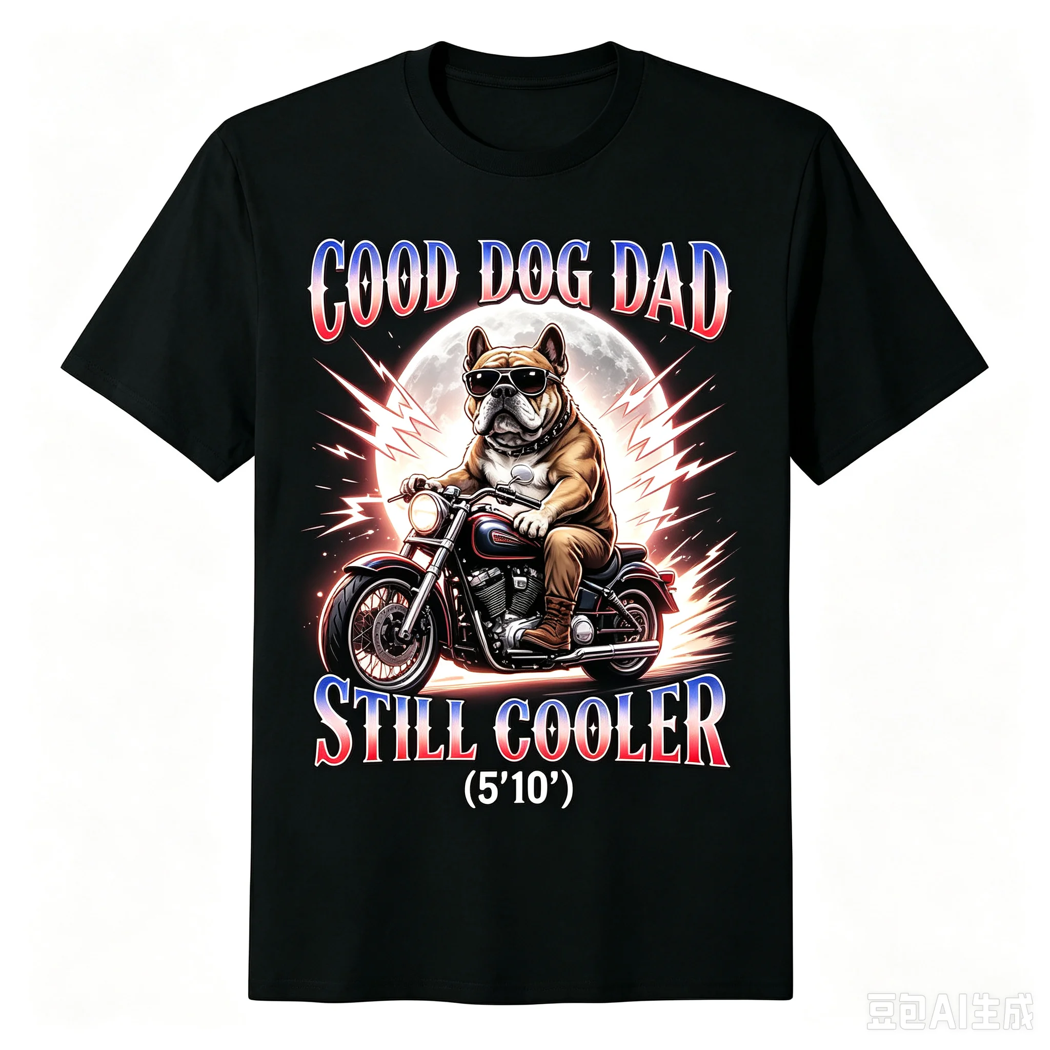Unisex Good Dog Dad Still Cooler French Bulldog Motorcycle Graphic T-Shirt Men Women Retro Moon Lightning Bulldog Biker Short Sleeve Crewneck Casual Streetwear Tee