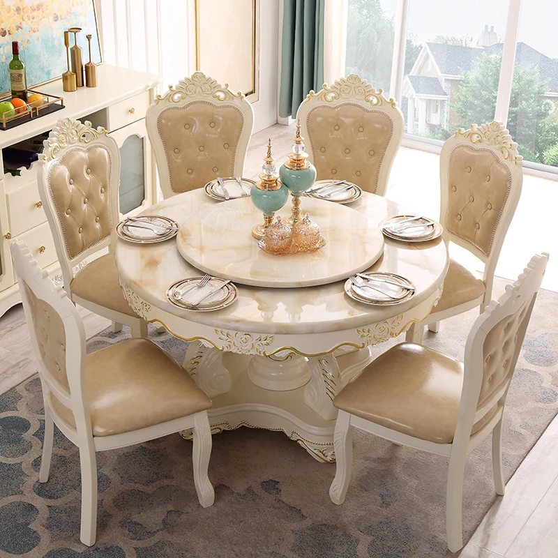 Customizable European dining table and chair combination marble round table with turntable