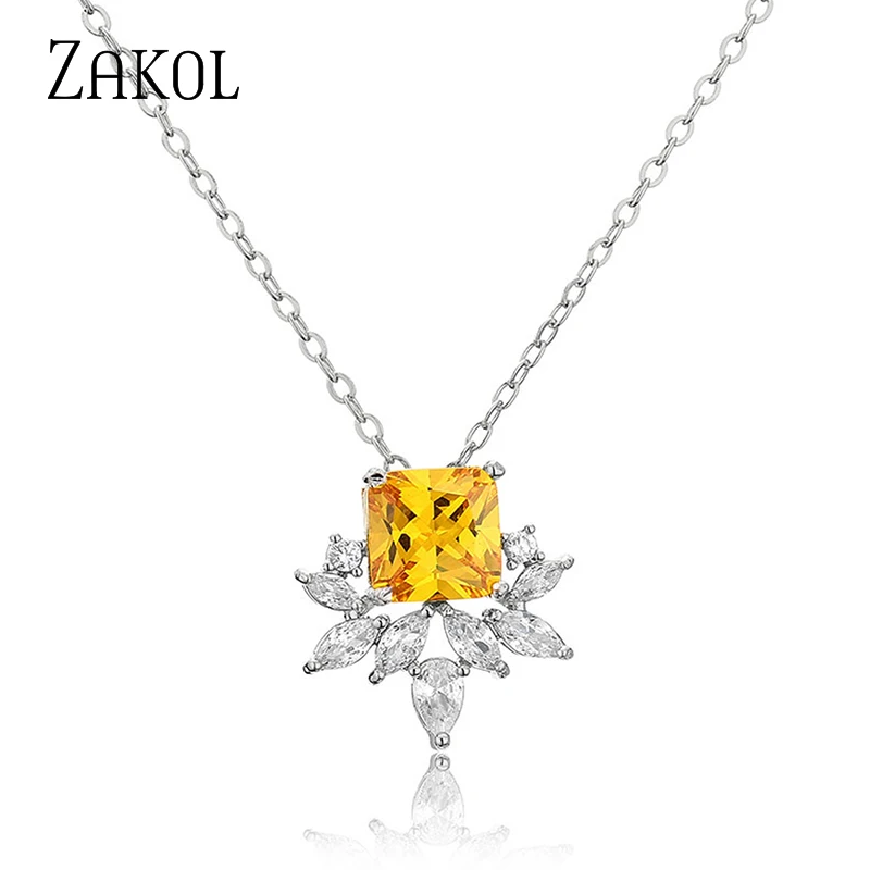 ZAKOL New Exquisite Yellow Square Cubic Zirconia Jewelry Sets for Women Fashion Leaf Party Earring Necklaces Set SP3359