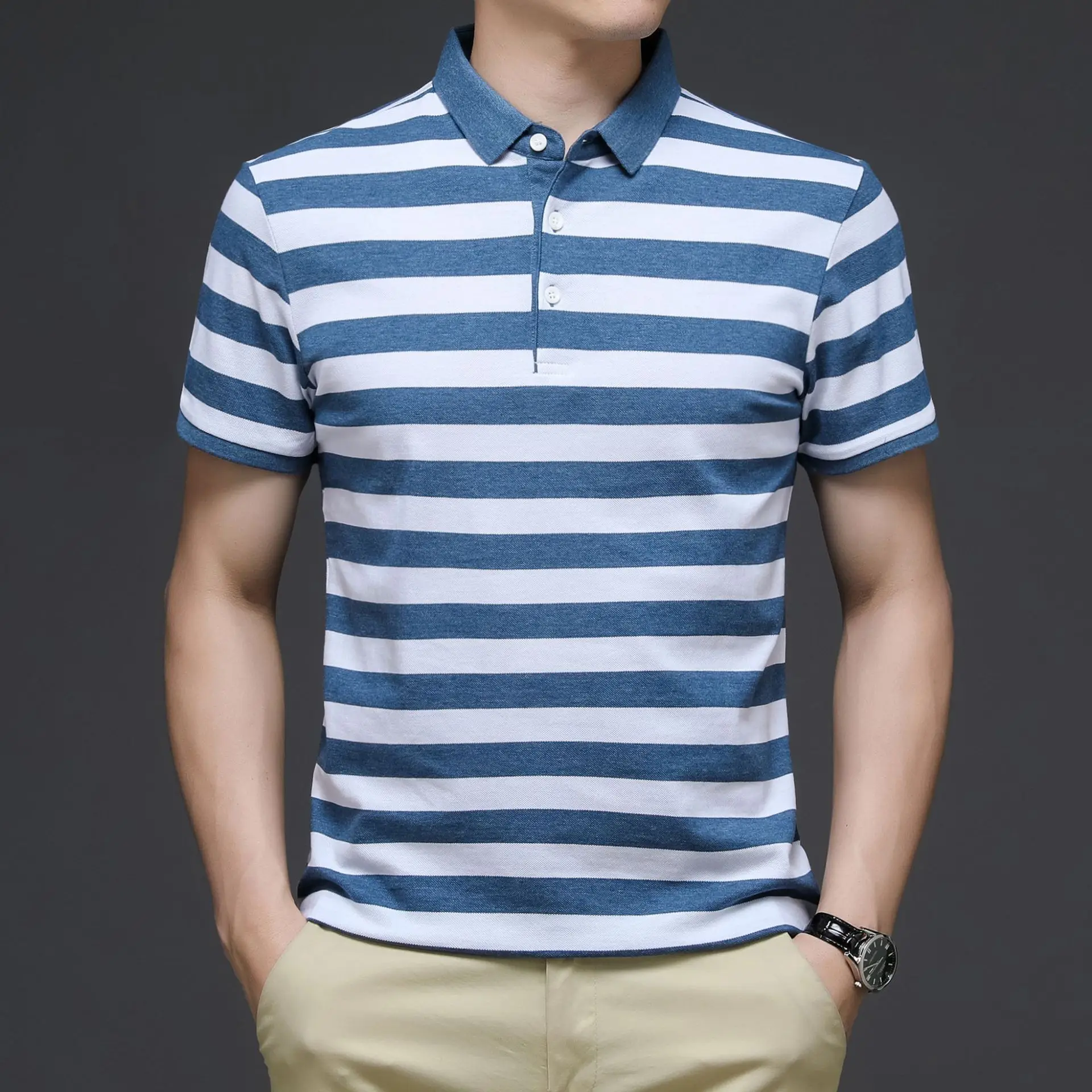 

Summer men's clothing, color-stripe striped POLO shirt, business casual POLO shirt, short-sleeved plus size POLO shirt