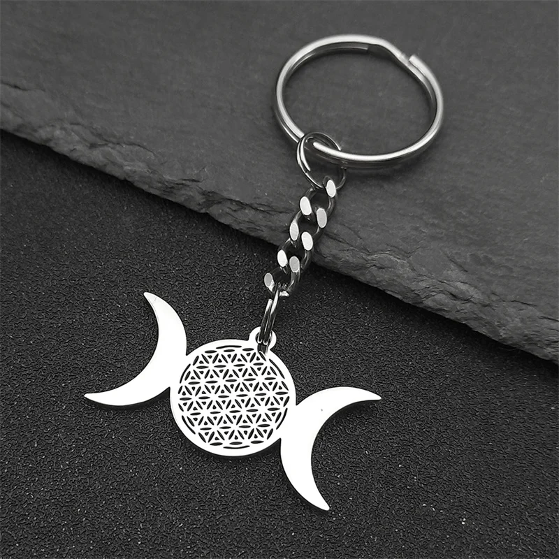 Witch Triple Moon Goddess Keychain for Women Men Stainless Steel Gold Color Wicca Flower Seed of Life Key Ring Jewelry K3766S02 image 5