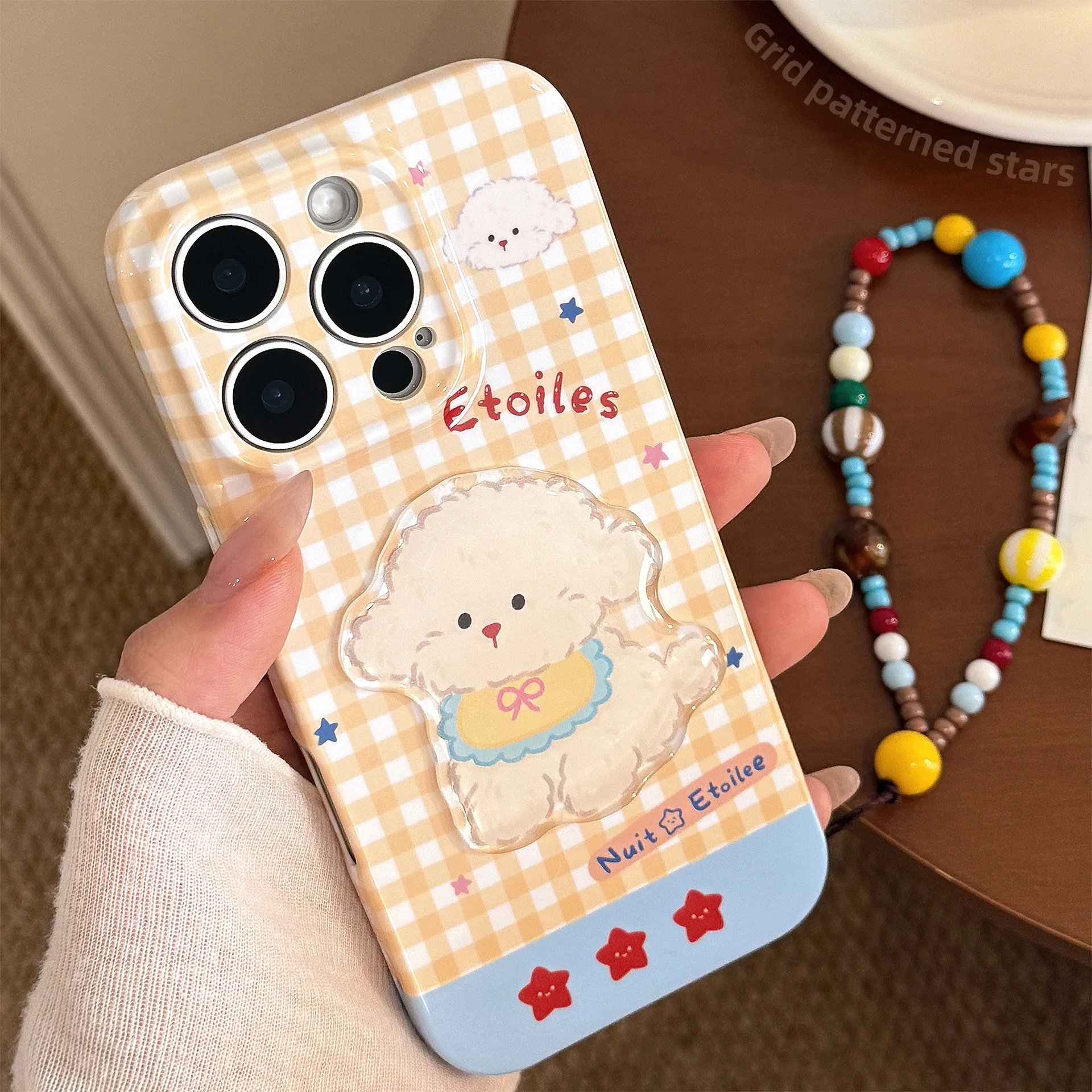 Koreanische 3D-Cartoon-Welpen-Gittermuster-weiche Handyhülle für iPhone 16 13 14 15 12 11 Pro Max XS XR X mit Lanyard stoßfeste Abdeckung