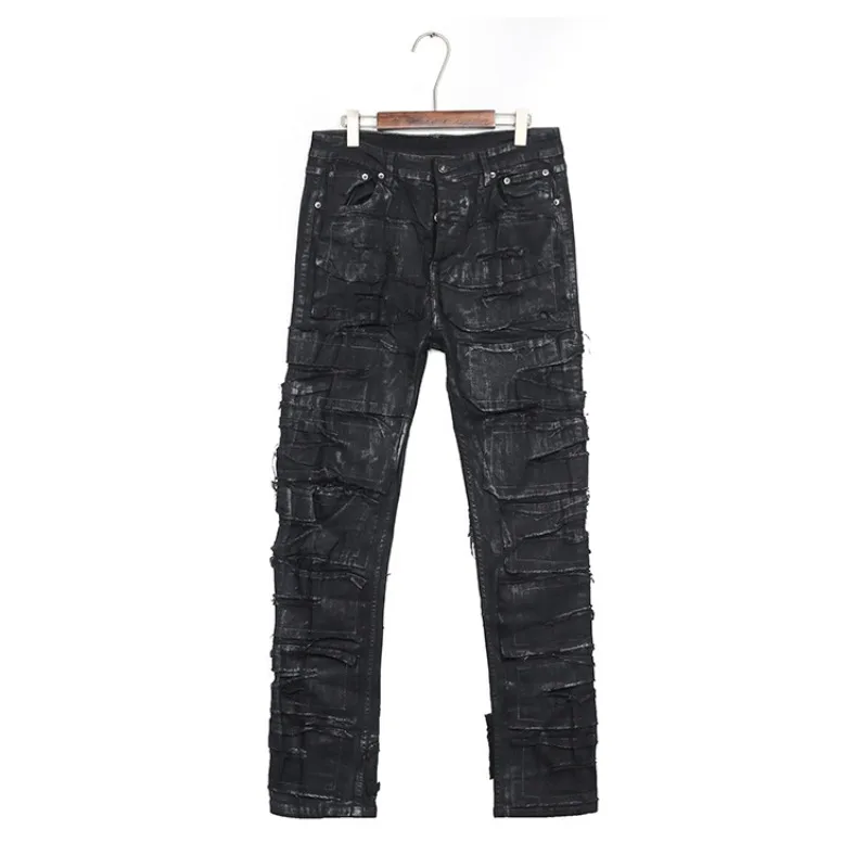 

Top Quality Dark Style Coated Waxed High Street Casual Ripped Jeans Men Women Casual Fashion Pants