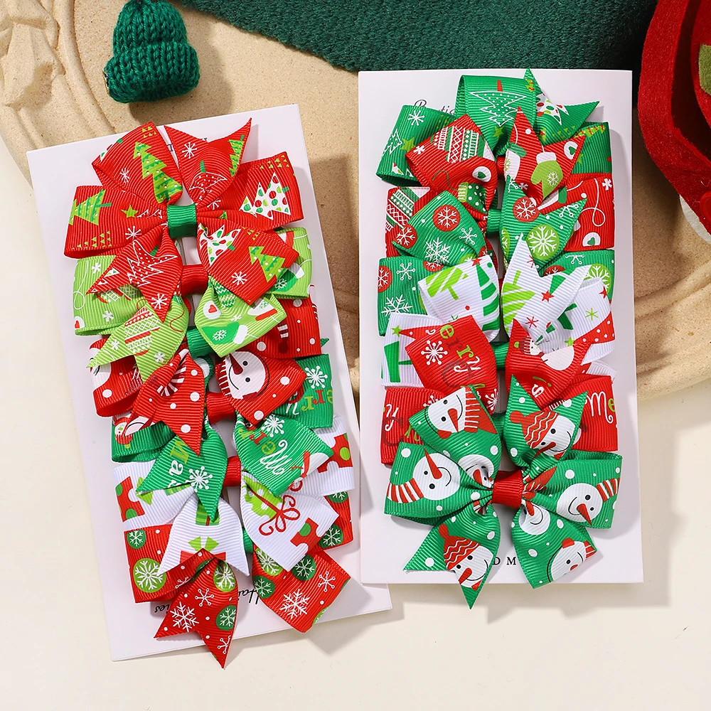 6pcs Christmas Bows Hair Clip for Kids Girls New Year Party Decorations Print Hairpin Baby Holiday Hair Accessories Gifts