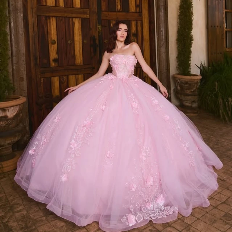 

Customized Pink Quinceanera Dresses Off the Shoulder crystal glitter applique 3D flower Lace Long tail Vestido 15 Quinceanera