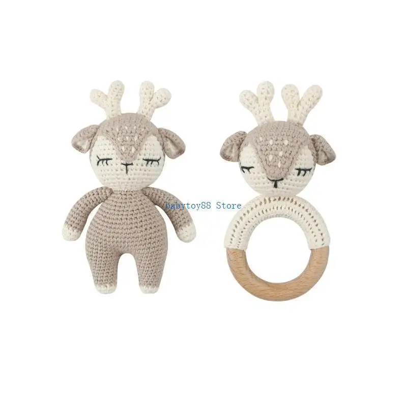 

Y4UD Baby Teether Rattle Handbell Crochet Deer Rattle Toy Safety BPA Molar Rod Infant Teething Relief Shower Gift