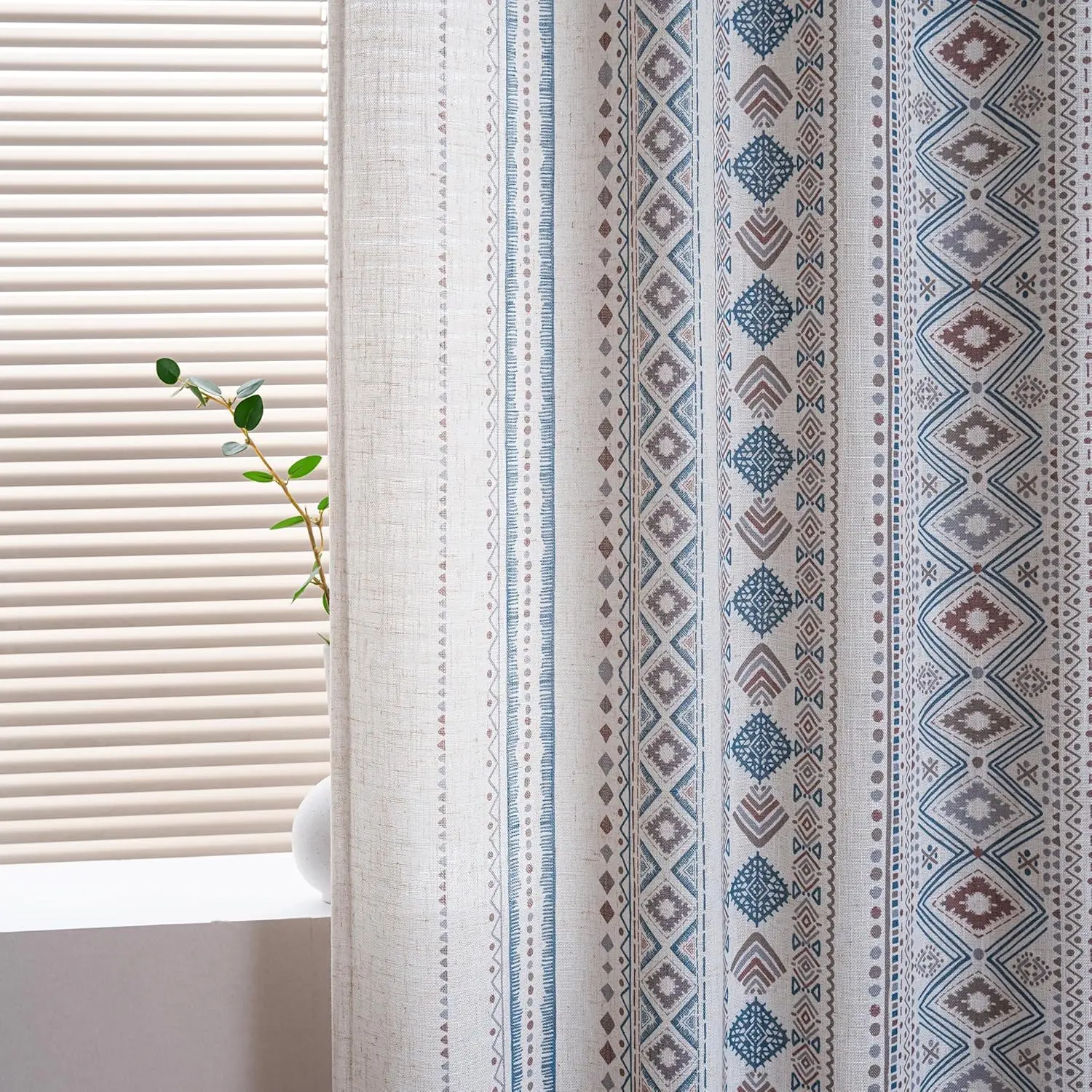 Mysky Home tirai jendela 95 inci Semi tipis, filter cahaya ruang tamu bergaris geometris Boho tampilan Linen untuk ruang tamu