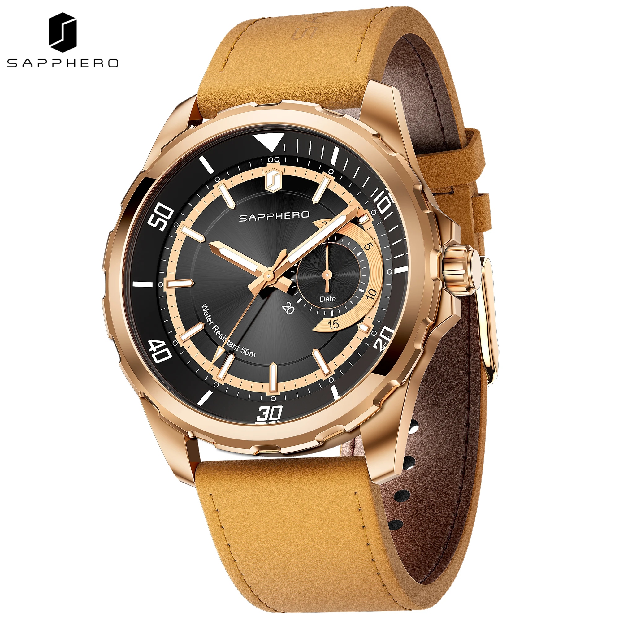 SAPPHERO Men's Quartz Watch with Date Leather Strap 50M Waterproof Sports Casual Watch Men's Holiday Gift  Wristwatch