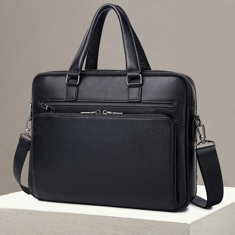 Men Black Genuine Cowhide Leather Briefcase with Double Zipper Pocket Laptop Bag Business Shoulder Handbag for Work