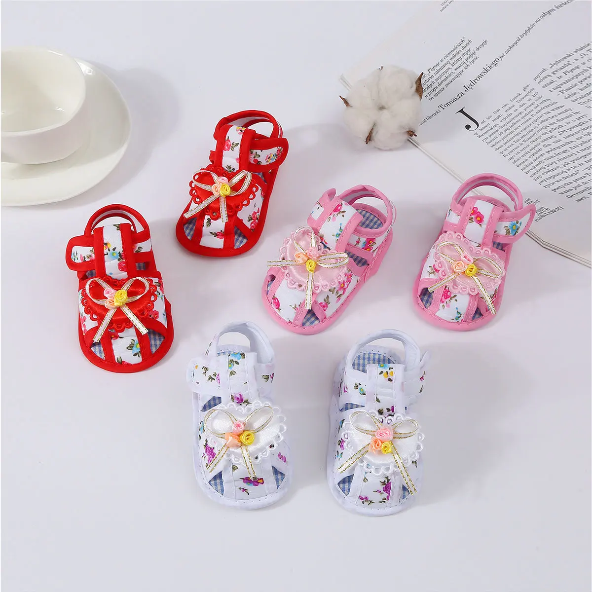 

New Baby Floral Bowknot Sandal Newborn Prewalker Soft Sole Antiskid First Walkers Girl Cute Breathable Cotton Baby Sandal 0-1Y