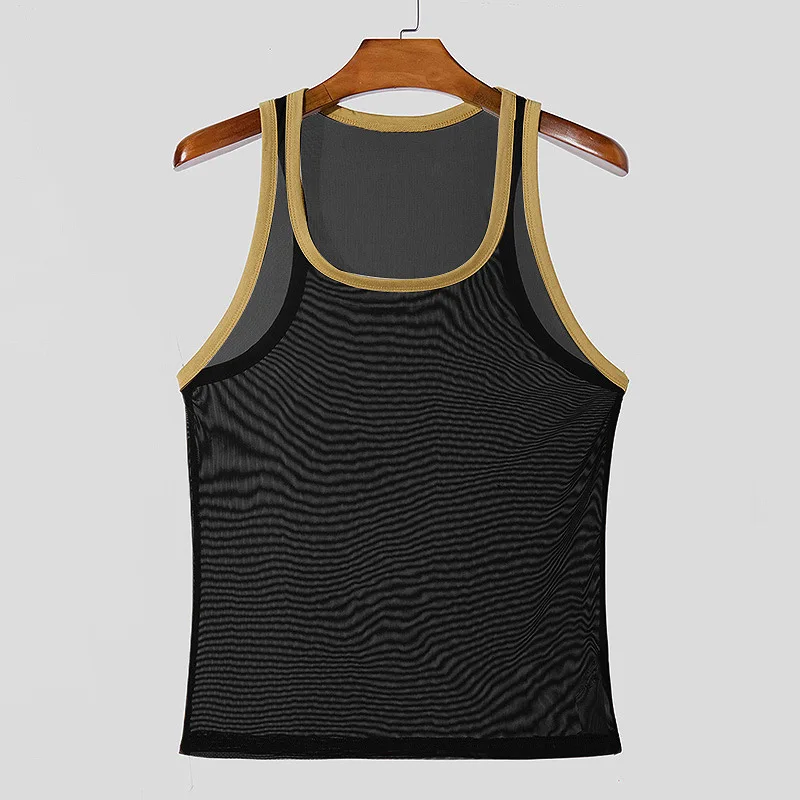 Neue Männer Mesh Tank Tops Sommer 2025, Clubwear Casual Weste U Neck Ärmellose Kontrast Farbe Fishnet T-shirt Komfortable Chic Tees – Detail 9