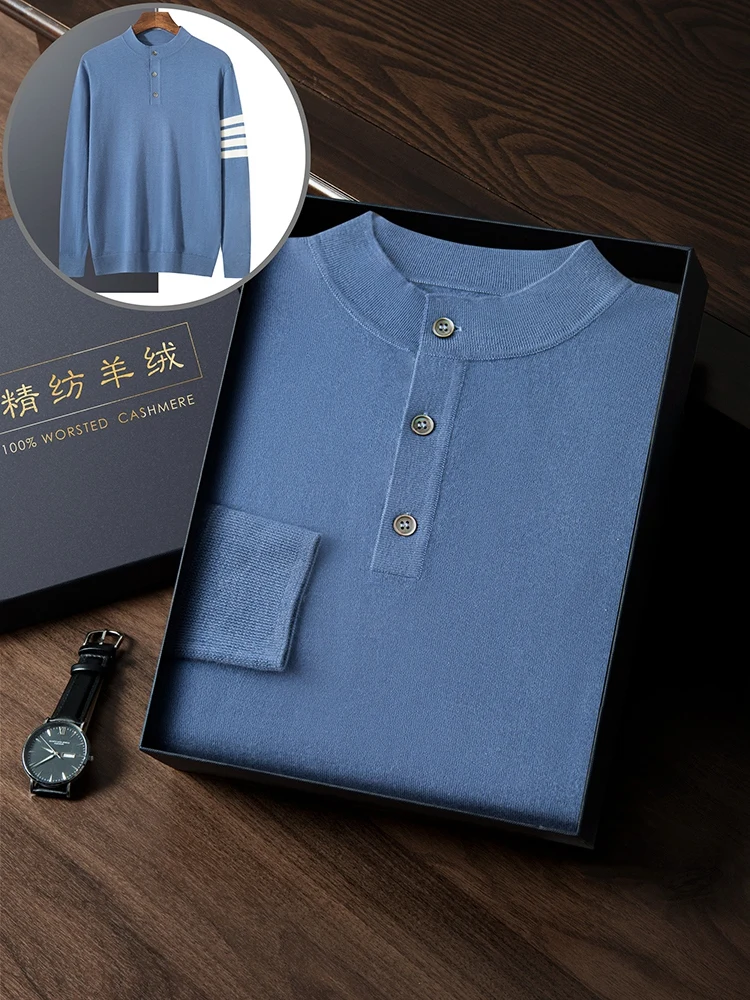 CHICUU Luxury Men 100% Cashmere Pullover Buttons Mock Neck Long Sleeve Sweater Worsted Cashmere Knit Breathable Clothing