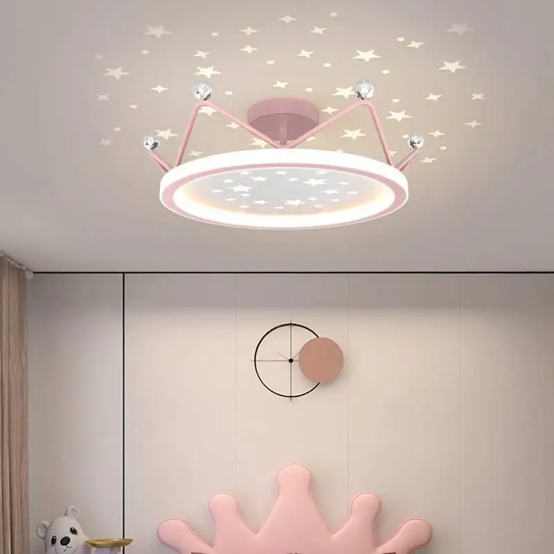 Pink Princess Room Ceiling Lamps Starry Projection Crown Lamp Modern Romantic Warm Children\'s Room Girl Bedroom Ceiling Lights