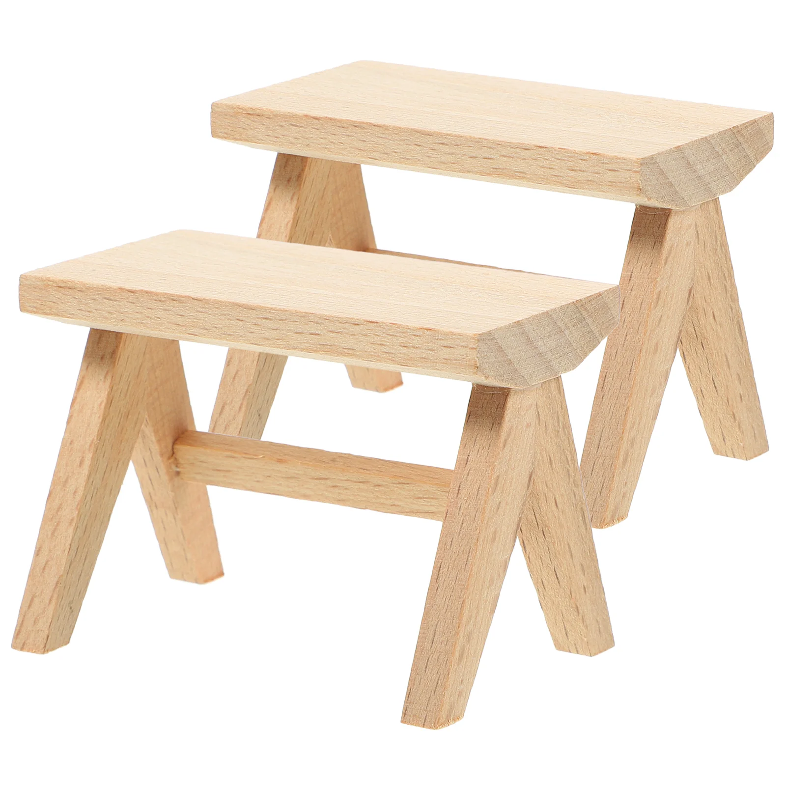 

2 Pcs House Mini Bench Model Table and Chair Furniture Ornaments Miniature Stool Decor Solid Wood Wooden