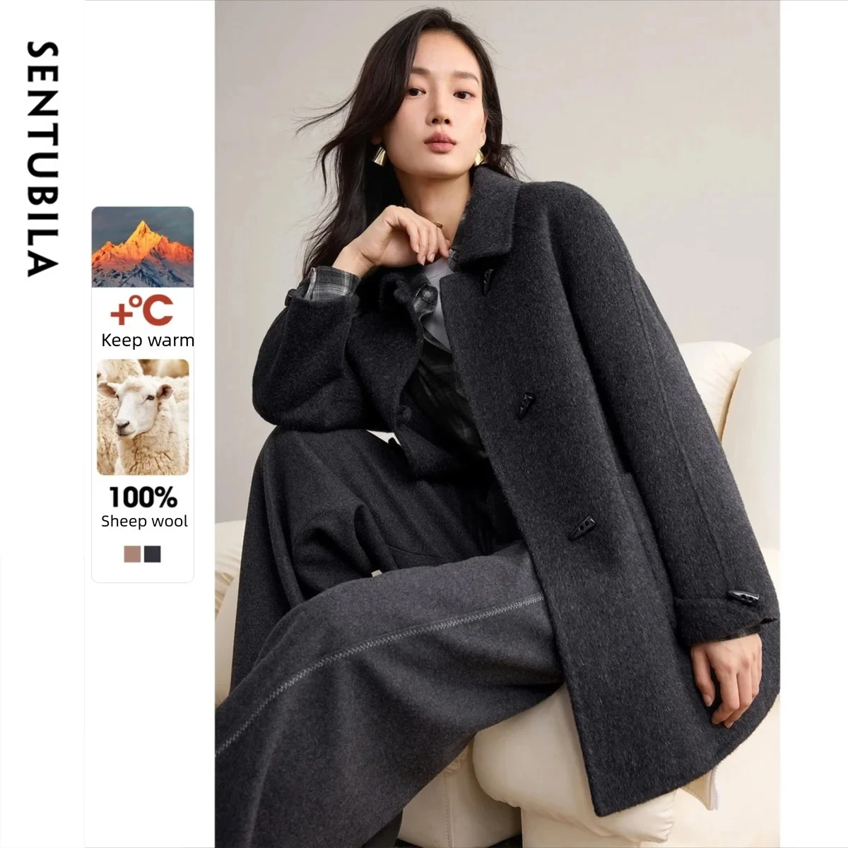 SENTUBILA 100% Wool Women's Lapel Coat with Horn Buttons Loose Fit Overcoat 2025 Winter Warm Elegant Long Sleeve Coat W54OC8770