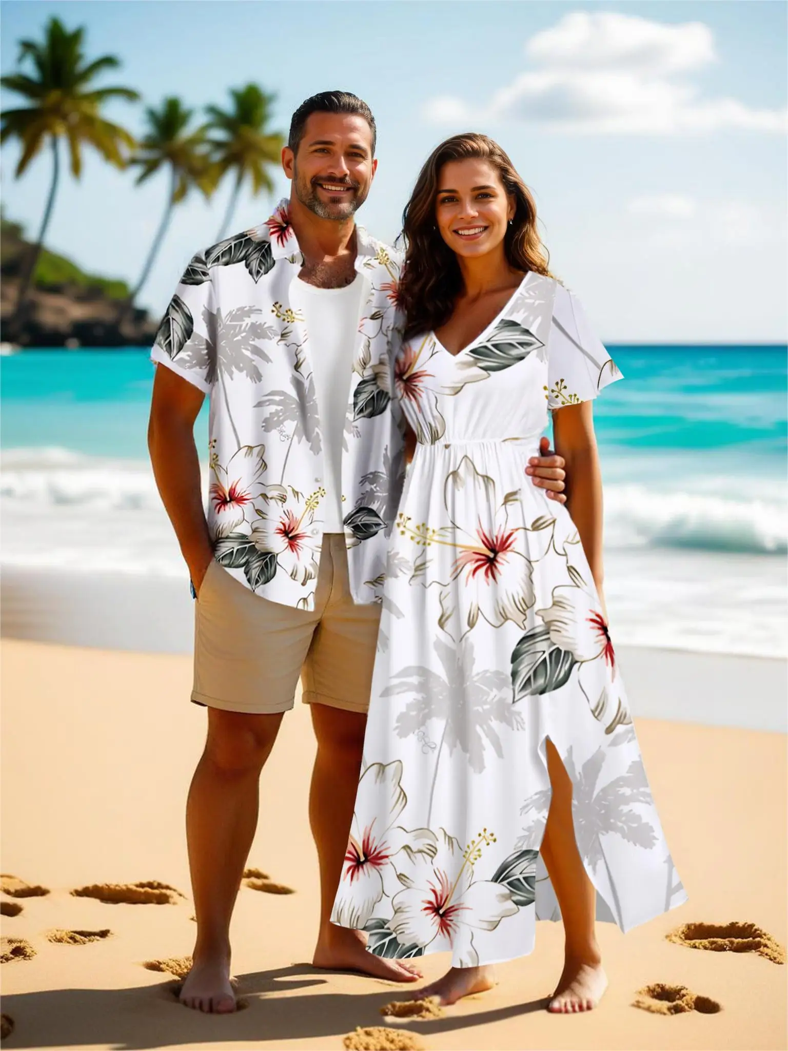 ROSEGAL Traje de pareja a juego de talla grande, traje de playa hawaiano, camisa con estampado de árbol de coco, vestido Midi de línea A dividido con bolsillo