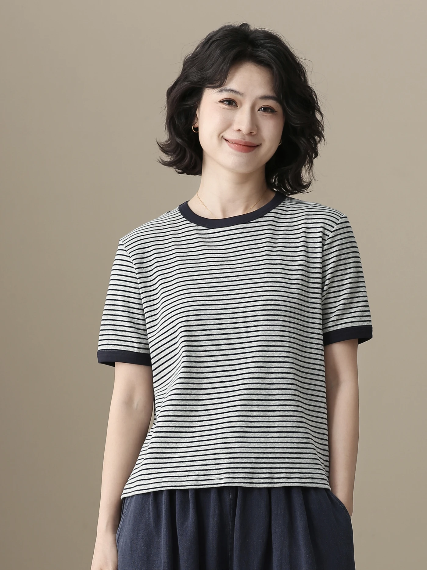 

Женская футболка Left Bank с коротким рукавом, летняя, новый стиль, в японскую полоску, простой круглый вырез, из чистого хлопка, базовый топ