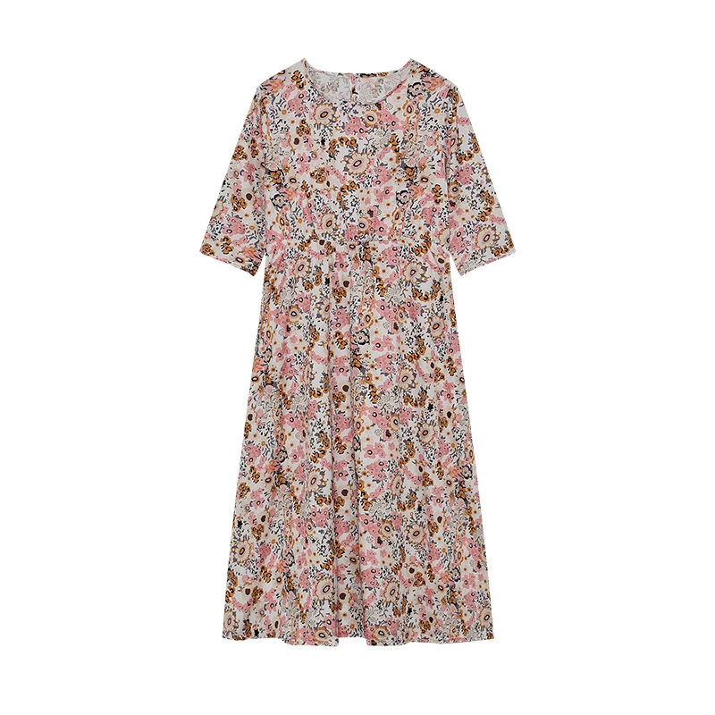 Spring Summer Printed Round Neck Casual Set Loose Long Dress with Pockets Middle Sleeve Cross-Border Women's Fashion