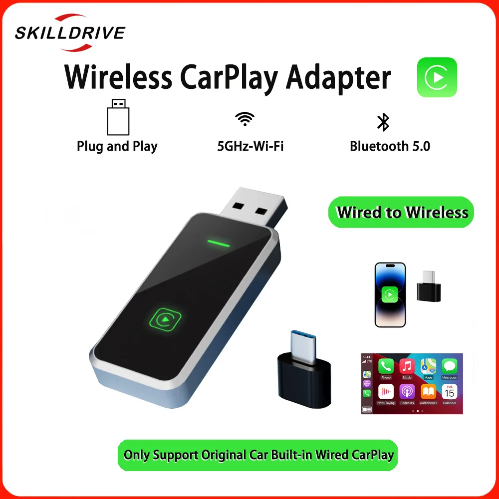 

SKILLDRIVE Wireless CarPlay Adapter Wired to Wireless CarPlay for Volvo Benz Audi Hyundai VW Mazda Cadillac Wired CarPlay Car