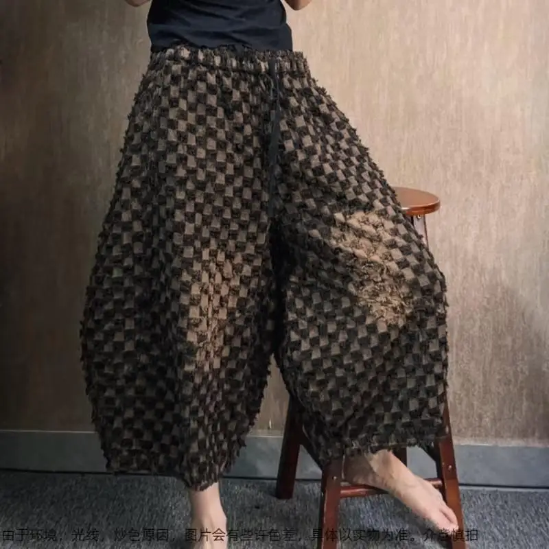 New 2026 Spring Autumn Arts Style Women Elastic Waist Loose Casual Jeans Vintage Plaid Cotton Denim Harem Pants High Quality F99