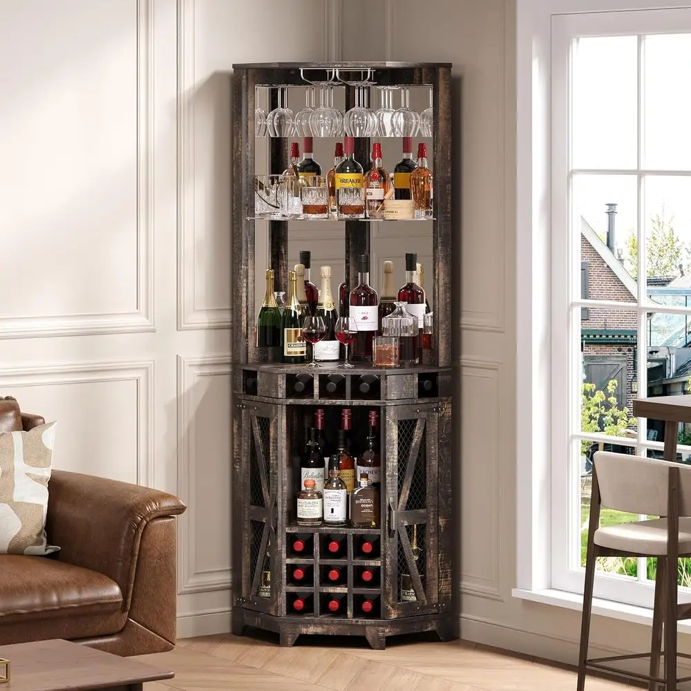 

Walnut Barn Door Wine Cabinet with Acrylic Mirror, Glass Rack, and Adjustable Shelves for Home Bar or Dining Area