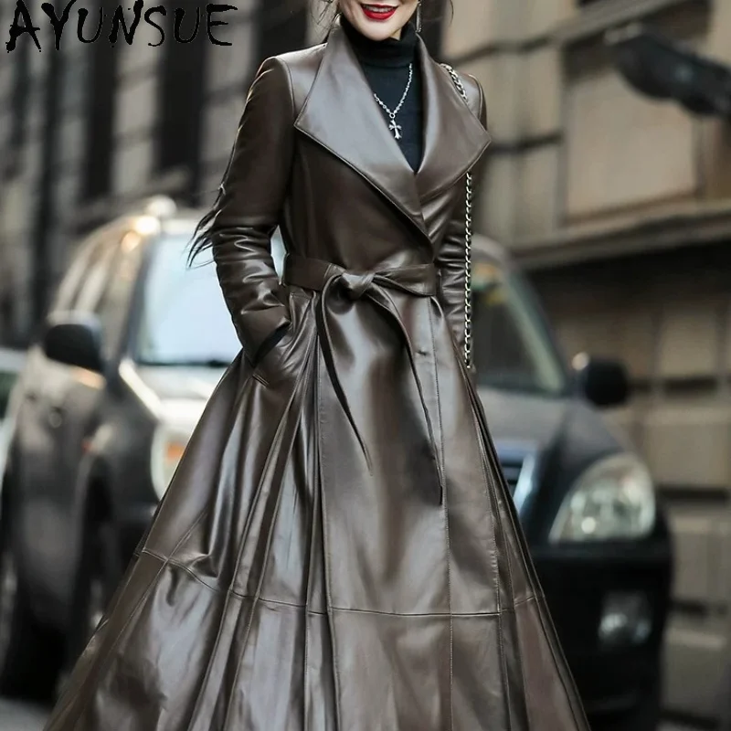AYUNSUE Natural Sheepskin Real Leather Jacket Women 2026 Autumn Clothes Belt Waist Fashion Trench Coat Woman Streetwear Slim Fit