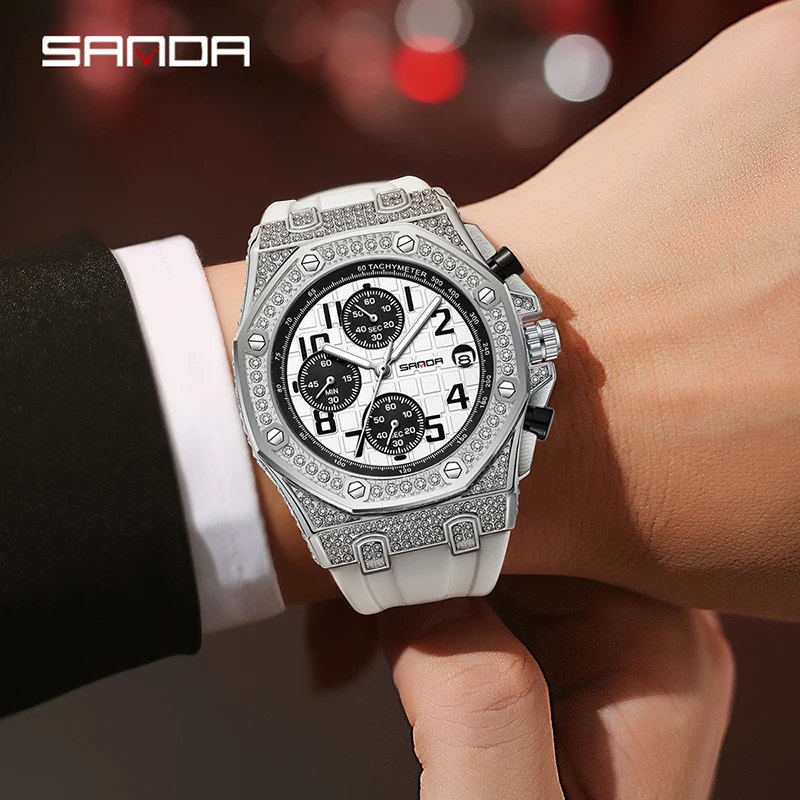 SANDA Quartz Watch For Men Fashion Multifunctional Three Eye Dial Men Watch Luxury Diamond Case Luminous Waterproof Clock Reloj