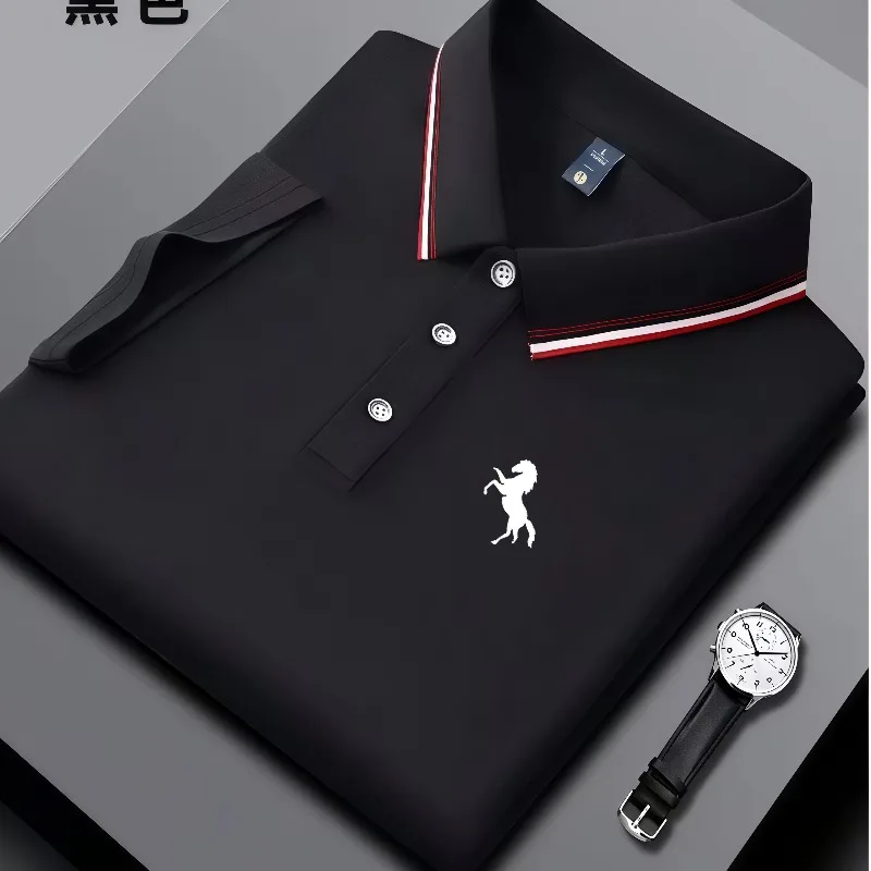 Summer men's polo shirt with horse logo print, short sleeved striped collar, summer breathable casual business top