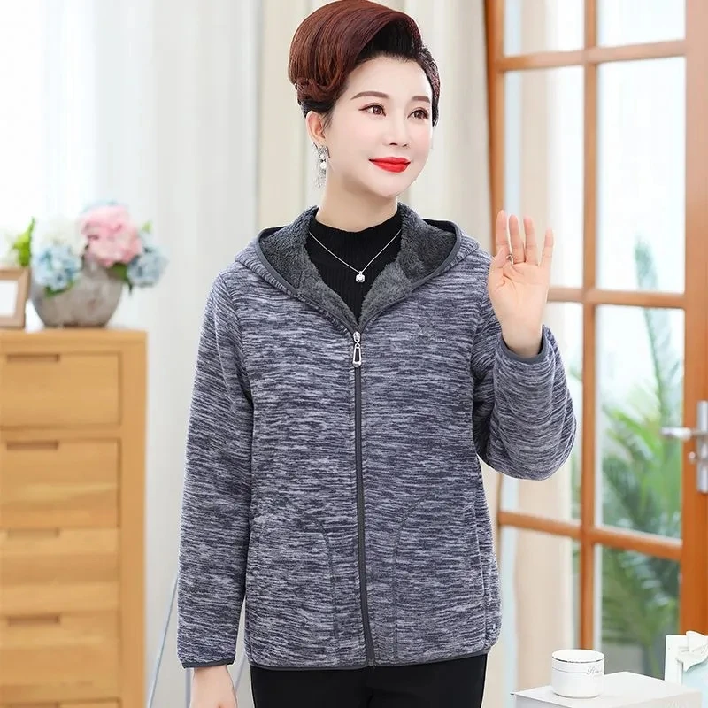 \Mother's Jackets Women's 2026 Autumn Winter New Thickened Coat Middle Aged Old Age Fleece Sweatshirt Outwear Female Jacket Tops