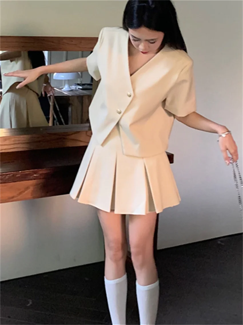 Alien Kitty Apricot Elegant Women Two Pieces Suits V-Neck Slim Solid Blazers 2023 Mini Pleated Skirts Sets Summer Office Lady